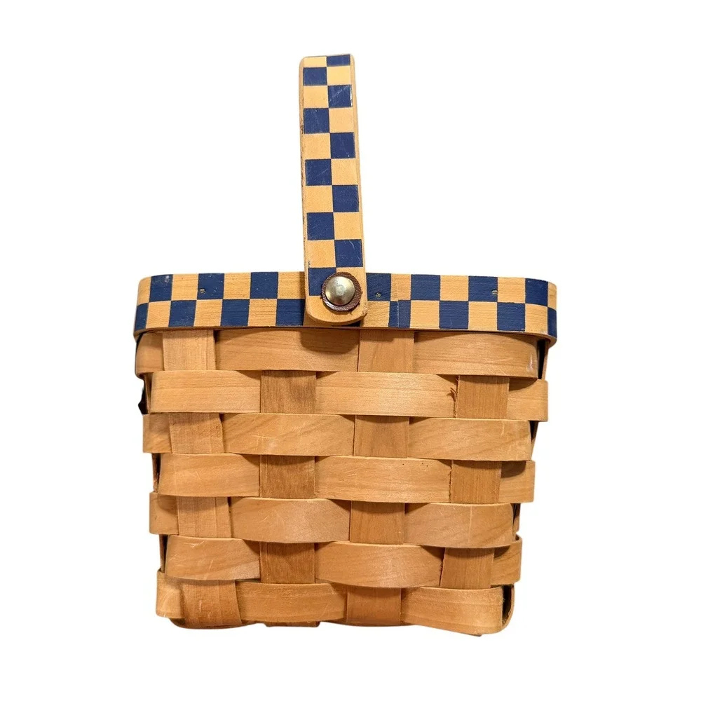 Americana Woven Wood Basket Stars Checkerboard Primitive Country Decor 8in